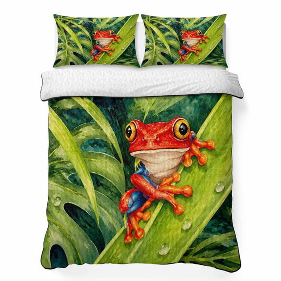 Queen Quilt Bedding Set, Summer Wildlife Red Frog Pattern Soft Microfiber Summer Bedspread Coverlet with 2 Pillow Shams for All Season, Tropical Palm Leaf Breathable Bedding Set for Hot Sleepers