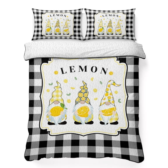 Queen Quilt Bedding Set, Summer Yellow Lemon Dwarf Soft Microfiber Summer Bedspread Coverlet with 2 Pillow Shams for All Season, Black White Buffalo Checkered Breathable Bedding Set for Hot Sleepers