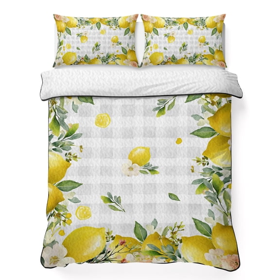 Queen Quilt Bedding Set, Summer Yellow Lemon on Grey Check Soft Microfiber Summer Bedspread Coverlet with 2 Pillow Shams for All Season, Farmhouse Fruit Theme Breathable Bedding Set for Hot Sleepers