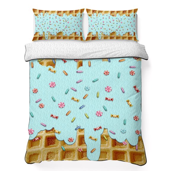 Queen Quilt Bedding Set Sweet Waffle Colorful Candy Breathable Summer Cooling Blanket for Hot Sleepers, Light Blue Icing Lightweight Soft Bedding Set with 2 Pillow Shams for All Season