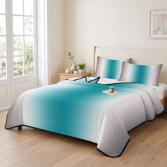 Queen Quilt Bedding Set, Teal Grey Gradient Lightweight Coverlet Summer Comforter Set Soft Microfiber Bedspread, Turquoise Ombre 3 Piece Quilt Set with 2 Pillow Shams All Seasons Use