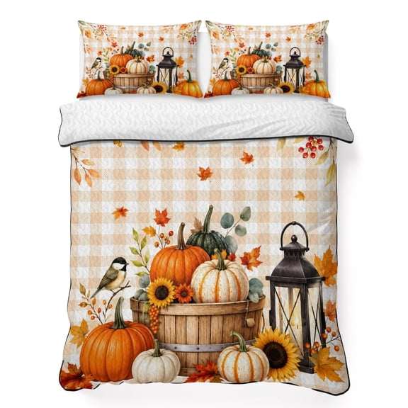 Queen Quilt Bedding Set Thanksgiving Autumn Pumpkins Lightweight Summer Quilted Coverlet for Hot Sleepers, Maple Leaves Plaid Background Breathable Soft Blanket with 2 Pillow Shams for All Season