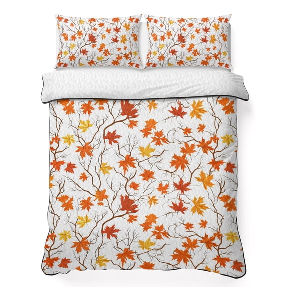 Queen Quilt Bedding Set, Thanksgiving Maple Leaf Soft Microfiber Summer Bedspread Coverlet with 2 Pillow Shams for All Season, Abstract Autumn Plant Breathable Bedding Set for Hot Sleepers