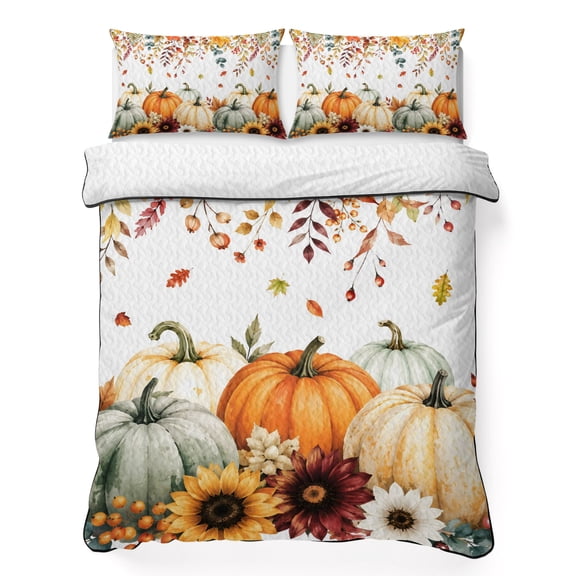 Queen Quilt Bedding Set Thanksgiving Pumpkin Fallen Leaves Flower Lightweight Summer Quilted Coverlet for Hot Sleepers, Watercolor Orange Breathable Soft Blanket with 2 Pillow Shams for All Season