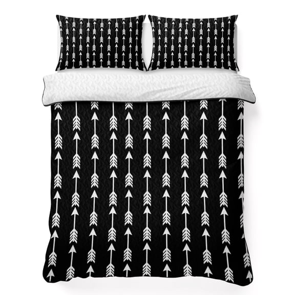 Queen Quilt Bedding Set Tribal Style Arrows Pattern Summer Quilt Lightweight Quilted Coverlet with 2 Pillow Shams, Black Background 3-Piece Bedspread Quilt Set for All Season