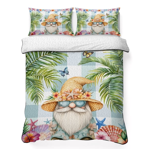 Queen Quilt Bedding Set, Tropical Dwarf Palm Tree Soft Microfiber Summer Bedspread Coverlet with 2 Pillow Shams for All Season, Gnomes Sea Star on Green Plaid Breathable Bedding Set for Hot Sleepers