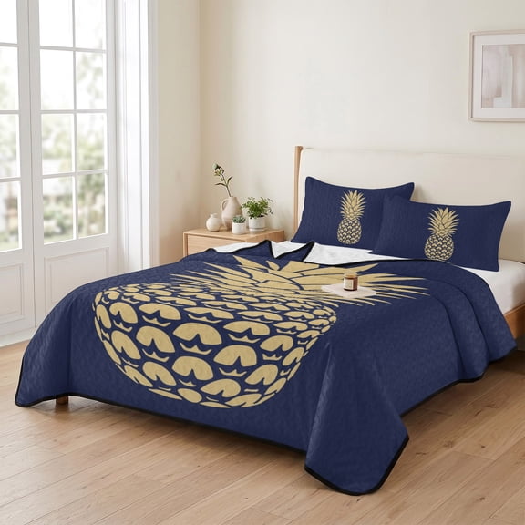 Queen Quilt Bedding Set, Tropical Fruit Pineapple Lightweight Coverlet Summer Comforter Set Soft Microfiber Bedspread, Abstract Yellow Pattern on Navy Blue 3 Piece Quilt Set with 2 Pillow Shams