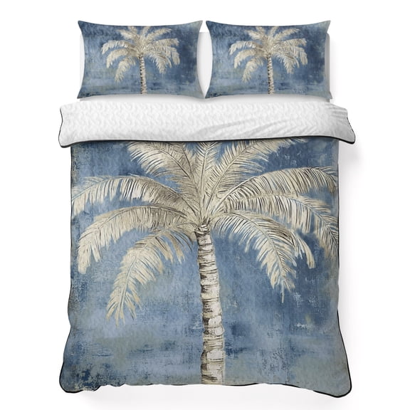 Queen Quilt Bedding Set Tropical Large Palm Tree Lightweight Summer Quilted Coverlet for Hot Sleepers, Retro Blue Background Breathable Soft Cooling Blanket with 2 Pillow Shams for All Season