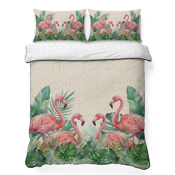 Queen Quilt Bedding Set, Tropical Monstera Flamingo on Linen Soft Microfiber Summer Bedspread Coverlet with 2 Pillow Shams, Watercolor Leaves Animal Breathable Bedding Set for Hot Sleepers