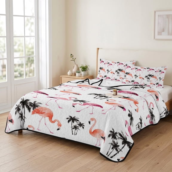 Queen Quilt Bedding Set, Tropical Orange Pink Flamingo Lightweight Coverlet Summer Comforter Set Soft Microfiber Bedspread, Black Palm Trees 3 Piece Quilt Set with 2 Pillow Shams All Seasons Use