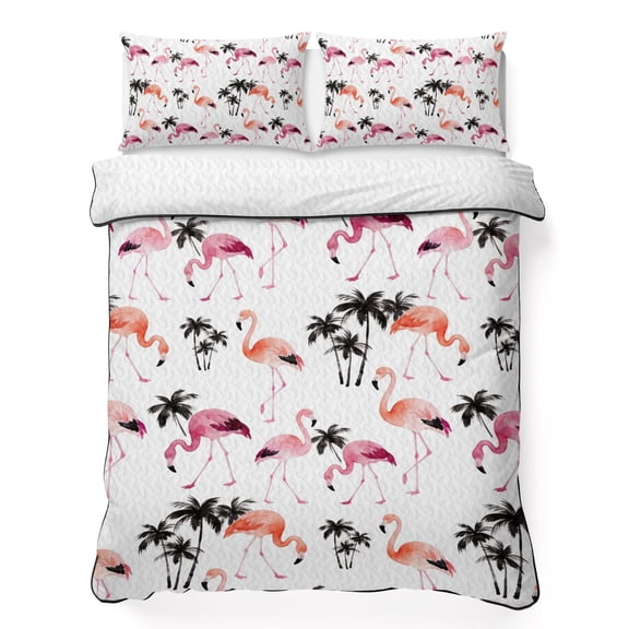 Queen Quilt Bedding Set Tropical Orange Pink Flamingo Lightweight Summer Quilted Coverlet for Hot Sleepers, Black Palm Trees Breathable Soft Cooling Blanket with 2 Pillow Shams for All Season