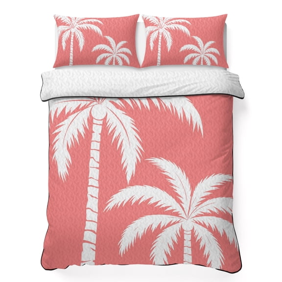 Queen Quilt Bedding Set Tropical Palm Tree on Pink Lightweight Summer Quilted Coverlet for Hot Sleepers, Monochrome Background Breathable Soft Cooling Blanket with 2 Pillow Shams for All Season