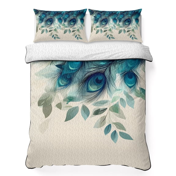 Queen Quilt Bedding Set, Tropical Peacock Feathers Soft Microfiber Summer Bedspread Coverlet with 2 Pillow Shams for All Season, Classic Gradient Teal Pattern Breathable Bedding Set for Hot Sleepers