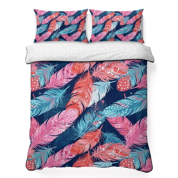 Queen Quilt Bedding Set, Tropical Pink Blue Bird Feathers Soft Microfiber Summer Bedspread Coverlet with 2 Pillow Shams for All Season, Vibrant Plumage Breathable Bedding Set for Hot Sleepers