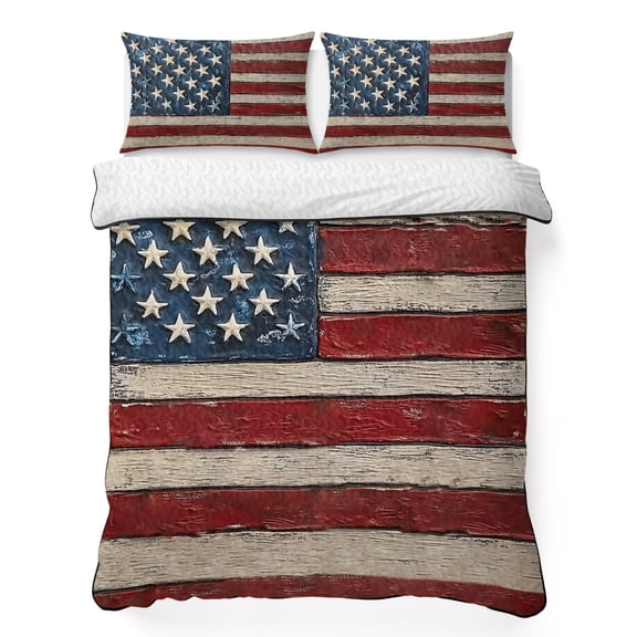 Queen Quilt Bedding Set, USA Star and Stripe Retro Wood Barn Soft Microfiber Summer Bedspread Coverlet with 2 Pillow Shams, Farm Wooden Patriotic Flag Breathable Bedding Set for Hot Sleepers