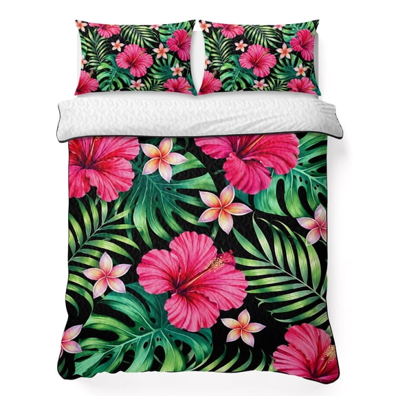 Queen Quilt Bedding Set Vibrant Pink Hibiscus Floral Lightweight Summer Quilted Coverlet for Hot Sleepers, Tropical Foliage Pattern Breathable Soft Cooling Blanket with 2 Pillow Shams for All Season