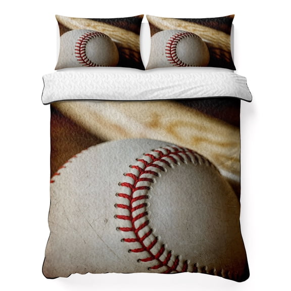 Queen Quilt Bedding Set Vintage Baseball with Wooden Bat Summer Quilt Lightweight Quilted Coverlet with 2 Pillow Shams, American Sports 3-Piece Bedspread Quilt Set for All Season