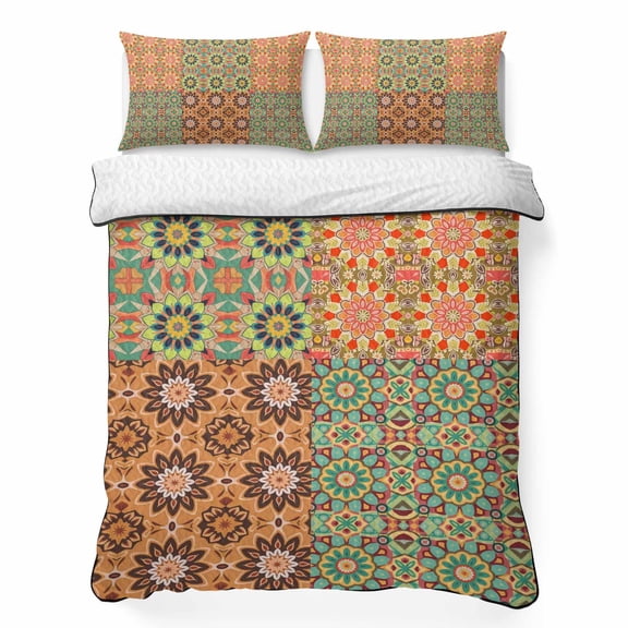 Queen Quilt Bedding Set, Vintage Ethnic Flower Pattern Soft Microfiber Summer Bedspread Coverlet with 2 Pillow Shams, Boho Moroccan Traditional Style Breathable Bedding Set for Hot Sleepers