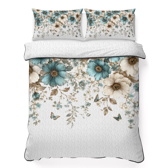 Queen Quilt Bedding Set Vintage Flower Tulip Fallen Leaves Breathable Summer Cooling Blanket for Hot Sleepers, Classic Floral Lightweight Soft Bedding Set with 2 Pillow Shams for All Season