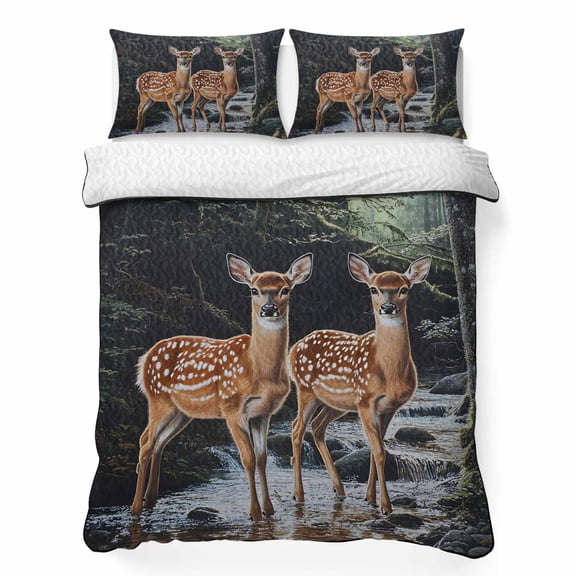 Queen Quilt Bedding Set, Vintage Forest Deer Soft Microfiber Summer Bedspread Coverlet with 2 Pillow Shams for All Season, Summer River And Reindeer Breathable Bedding Set for Hot Sleepers