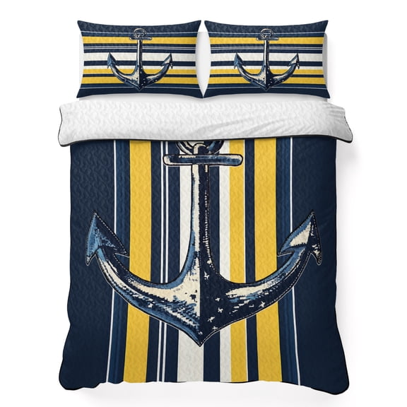 Queen Quilt Bedding Set, Vintage Nautical Anchor Soft Microfiber Summer Bedspread Coverlet with 2 Pillow Shams for All Season, Navy Blue Yellow Striped Breathable Bedding Set for Hot Sleepers