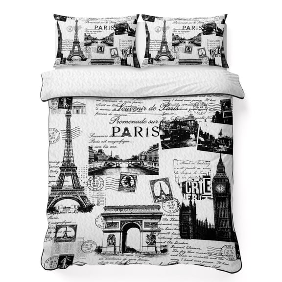 Queen Quilt Bedding Set, Vintage Paris Gray Architectural Soft Microfiber Summer Bedspread Coverlet with 2 Pillow Shams for All Season, Modern Abstract Art Breathable Bedding Set for Hot Sleepers
