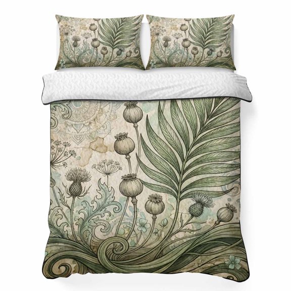 Queen Quilt Bedding Set, Vintage Poppy Pods Sage Green Fern Leaf 3 Piece Bedding Set Lightweight Breathable Quilt with 2 Pillow Shams, Abstract Botanical Soft Microfiber Summer Comforter