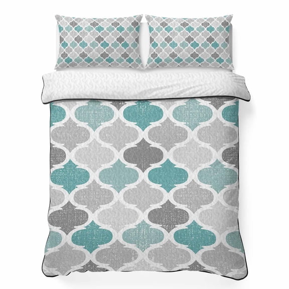 Queen Quilt Bedding Set, Vintage Rustic Morocco Geometric Print Soft Microfiber Summer Bedspread Coverlet with 2 Pillow Shams, Retro Flower Plaid Breathable Bedding Set for Hot Sleepers