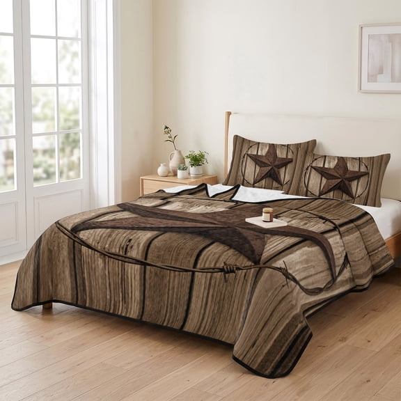 Queen Quilt Bedding Set, Vintage Texas Star on Board Lightweight Coverlet Summer Comforter Set Soft Microfiber Bedspread, Country Brown Wood Grain 3 Piece Quilt Set with 2 Pillow Shams