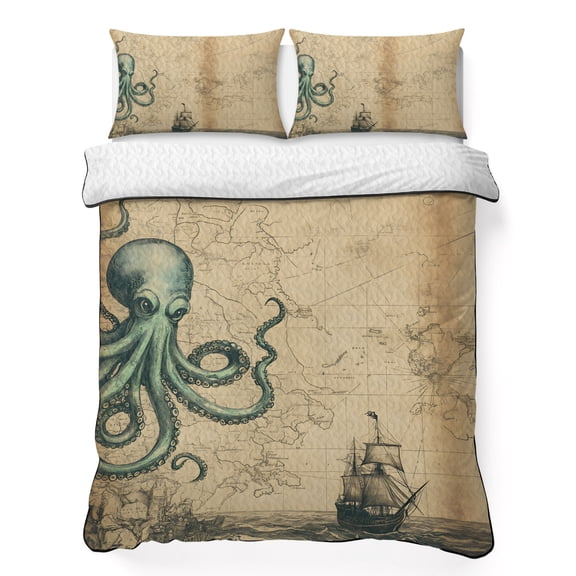 Queen Quilt Bedding Set, Vintage World Map Ocean Octopus Soft Microfiber Summer Bedspread Coverlet with 2 Pillow Shams, Nautical Sailing Boat Brown Breathable Bedding Set for Hot Sleepers
