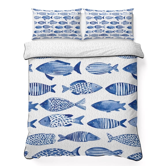 Queen Quilt Bedding Set Watercolor Blue Coastal Fish Lightweight Summer Quilted Coverlet for Hot Sleepers, Summer Ocean Theme on White Breathable Soft Blanket with 2 Pillow Shams for All Season