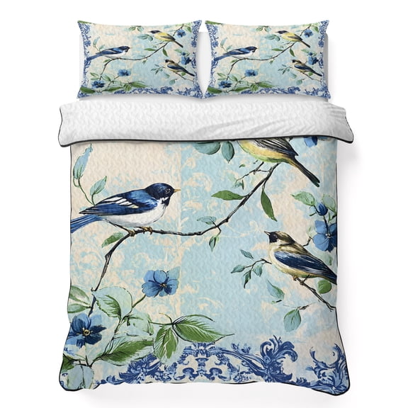 Queen Quilt Bedding Set Watercolor Blue Flowers Birds Breathable Summer Cooling Blanket for Hot Sleepers, Retro Animals Plants Lightweight Soft Bedding Set with 2 Pillow Shams for All Season