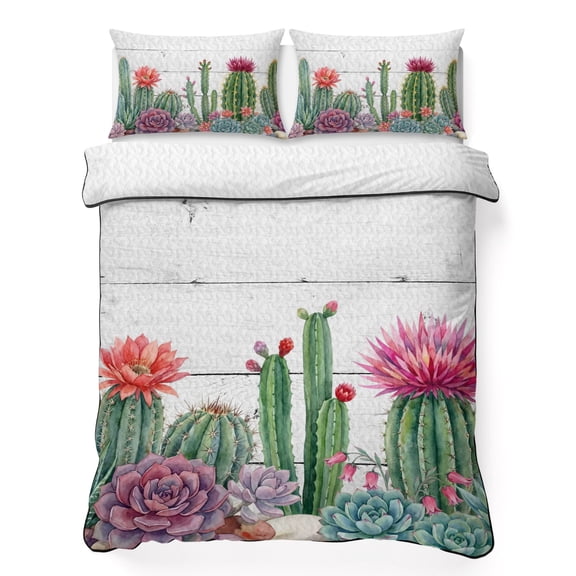 Queen Quilt Bedding Set, Watercolor Cactus Pink Flowers Soft Microfiber Summer Bedspread Coverlet with 2 Pillow Shams for All Season, Vintage Wood Grain Breathable Bedding Set for Hot Sleepers