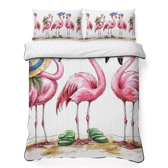 Queen Quilt Bedding Set Watercolor Coastal Pink Flamingo Beach Breathable Summer Cooling Blanket for Hot Sleepers, Summer Holiday Lightweight Soft Bedding Set with 2 Pillow Shams for All Season