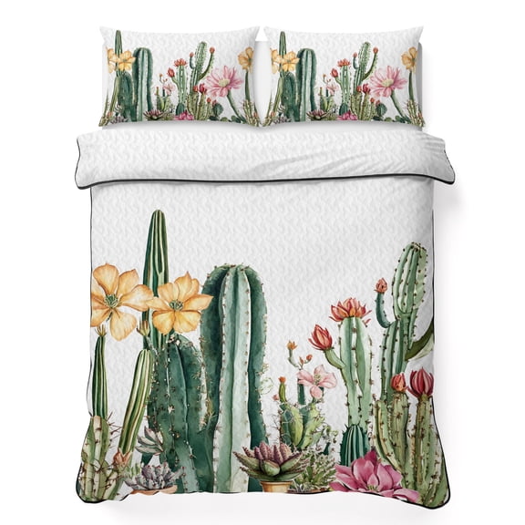 Queen Quilt Bedding Set Watercolor Flower Tropical Cactus Summer Quilt Lightweight Quilted Coverlet with 2 Pillow Shams, Green Plant 3-Piece Bedspread Quilt Set for All Season