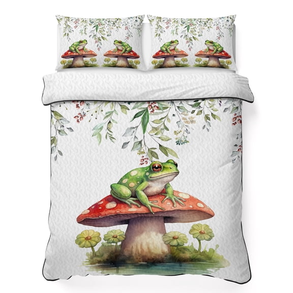 Queen Quilt Bedding Set, Watercolor Frog on Mushroom Soft Microfiber Summer Bedspread Coverlet with 2 Pillow Shams, Eucalyptus Leaf Floral on White Breathable Bedding Set for Hot Sleepers
