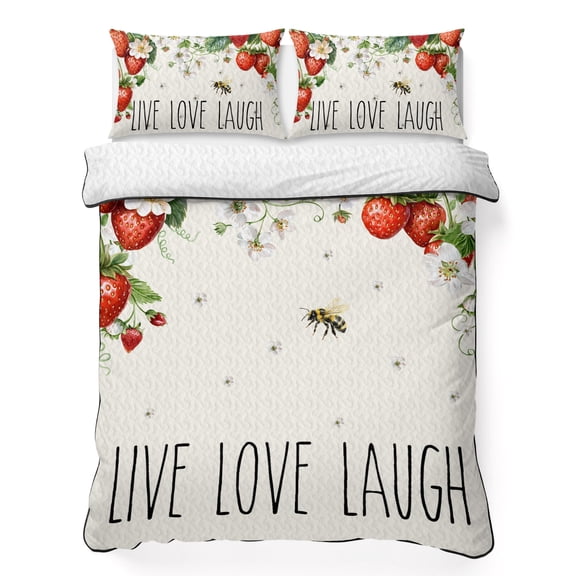 Queen Quilt Bedding Set, Watercolor Rustic Strawberry Flower Bee Soft Microfiber Summer Bedspread Coverlet with 2 Pillow Shams, Farmhouse Landscape Breathable Bedding Set for Hot Sleepers