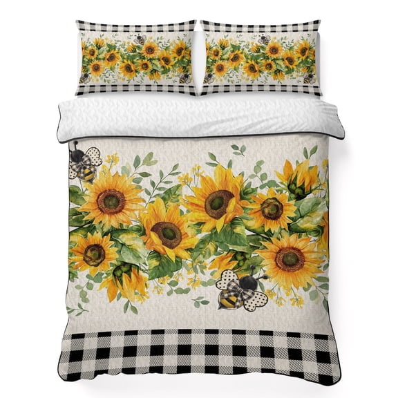 Queen Quilt Bedding Set, Watercolor Sunflower Bee Green Leaves Soft Microfiber Summer Bedspread Coverlet with 2 Pillow Shams, Black Buffalo Plaid Breathable Bedding Set for Hot Sleepers