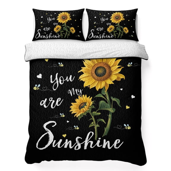 Queen Quilt Bedding Set, Watercolor Sunflower Bee Love Soft Microfiber Summer Bedspread Coverlet with 2 Pillow Shams for All Season, Sunshine Quote Black Back Breathable Bedding Set for Hot Sleepers
