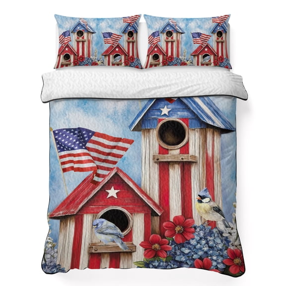 Queen Quilt Bedding Set, Watercolor Wood Birdhouse Flowers Soft Microfiber Summer Bedspread Coverlet with 2 Pillow Shams, USA Flag Blue Sky Birds Breathable Bedding Set for Hot Sleepers
