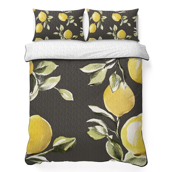Queen Quilt Bedding Set, Watercolor Yellow Lemon Leaves on Black Soft Microfiber Summer Bedspread Coverlet with 2 Pillow Shams for All Season, Modern Art Breathable Bedding Set for Hot Sleepers