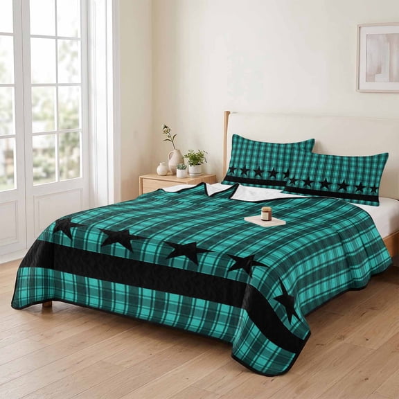 Queen Quilt Bedding Set, Western Star Buffalo Check Plaid Lightweight Coverlet Summer Comforter Set Soft Microfiber Bedspread, Green Black Checker 3 Piece Quilt Set with 2 Pillow Shams