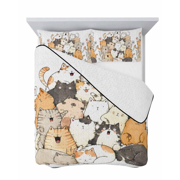 Queen Quilt Bedding Set, Whimsical Stacked Cartoon Cats Soft Microfiber Summer Bedspread Coverlet with 2 Pillow Shams for All Season, Watercolor Cute Kitties Breathable Bedding Set for Hot Sleepers