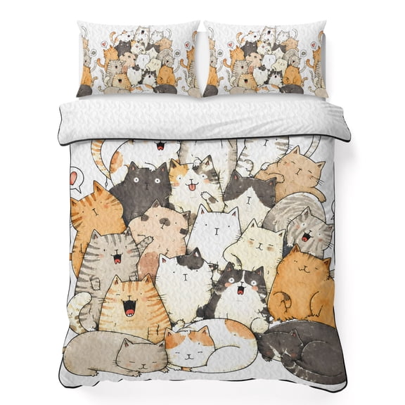 Queen Quilt Bedding Set Whimsical Stacked Cartoon Cats Summer Quilt Lightweight Quilted Coverlet with 2 Pillow Shams, Watercolor Cute Kitties 3-Piece Bedspread Quilt Set for All Season
