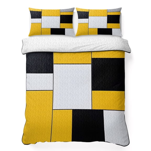 Queen Quilt Bedding Set White Black Yellow Patchwork Summer Quilt Lightweight Quilted Coverlet with 2 Pillow Shams, Abstract Geometric 3-Piece Bedspread Quilt Set for All Season