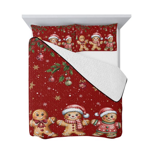 Queen Quilt Bedding Set, Xmas Ball Candy Cookie Retro Red Soft Microfiber Summer Bedspread Coverlet with 2 Pillow Shams for All Season, Winter Berry Snowflakes Breathable Bedding Set for Hot Sleepers