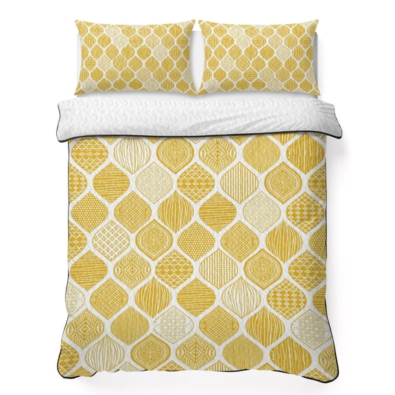 Queen Quilt Bedding Set, Yellow Bohemian Geometric Texture Soft Microfiber Summer Bedspread Coverlet with 2 Pillow Shams, Abstract Moroccan Pattern Breathable Bedding Set for Hot Sleepers