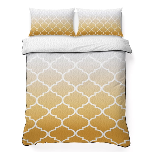 Queen Quilt Bedding Set Yellow Gradient Moroccan Pattern Breathable Summer Cooling Blanket for Hot Sleepers, White Stripes Buffalo Check Soft Bedding Set with 2 Pillow Shams for All Season