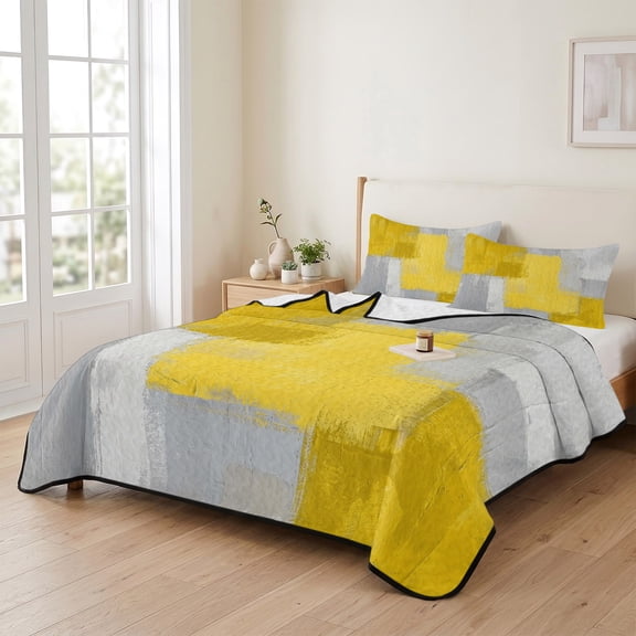 Queen Quilt Bedding Set, Yellow Gray Graffiti Lightweight Coverlet Summer Comforter Set Soft Microfiber Bedspread, Geometric Color Block 3 Piece Quilt Set with 2 Pillow Shams All Seasons Use