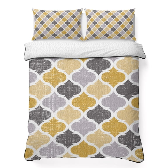 Queen Quilt Bedding Set, Yellow Grey Retro Moroccan Pattern Soft Microfiber Summer Bedspread Coverlet with 2 Pillow Shams, Abstract Geometric Art Breathable Bedding Set for Hot Sleepers
